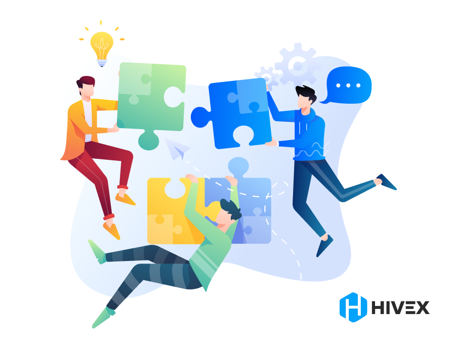 Three developers collaborating with puzzle pieces representing Offshore Backend Development by Hivex.