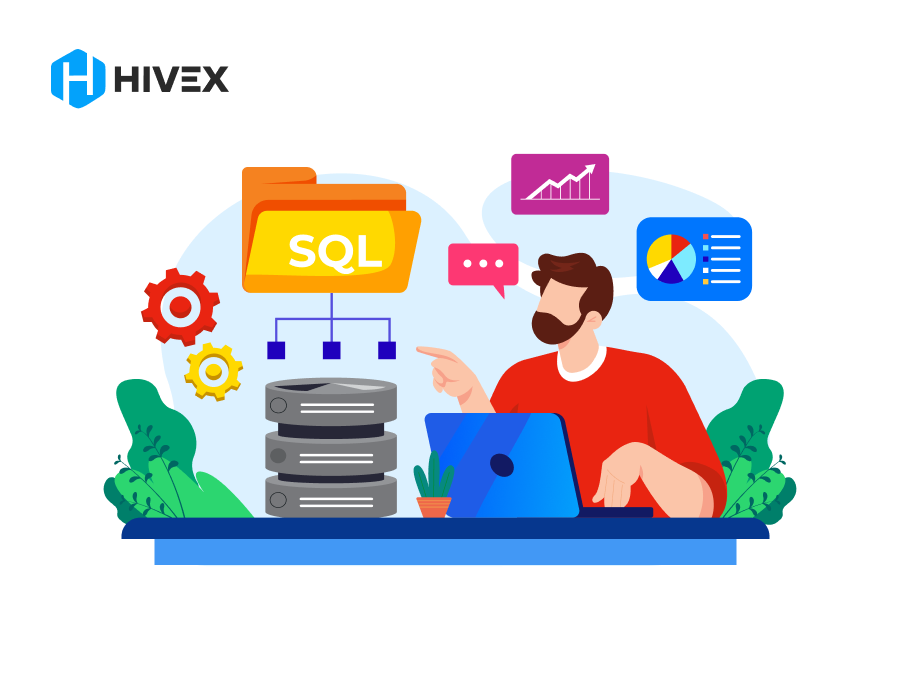 Illustration of a man working on a laptop with SQL database folders, gears, and data charts, representing the Software Developer Hiring process, data management, and technical skills assessment.