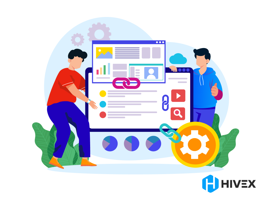 Illustration of two people discussing the Software Developer Hiring process with charts, graphs, and tools displayed on a large screen, representing data analysis and workflow optimization.