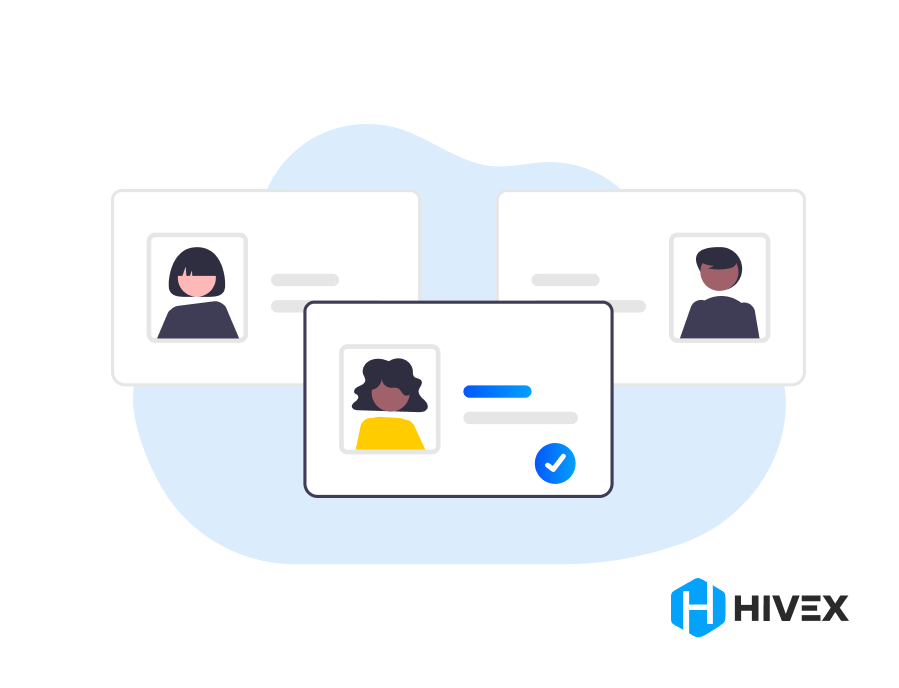 Illustration of profile cards with checkmarks, representing the selection process for hiring iOS developers, featuring the Hivex logo.