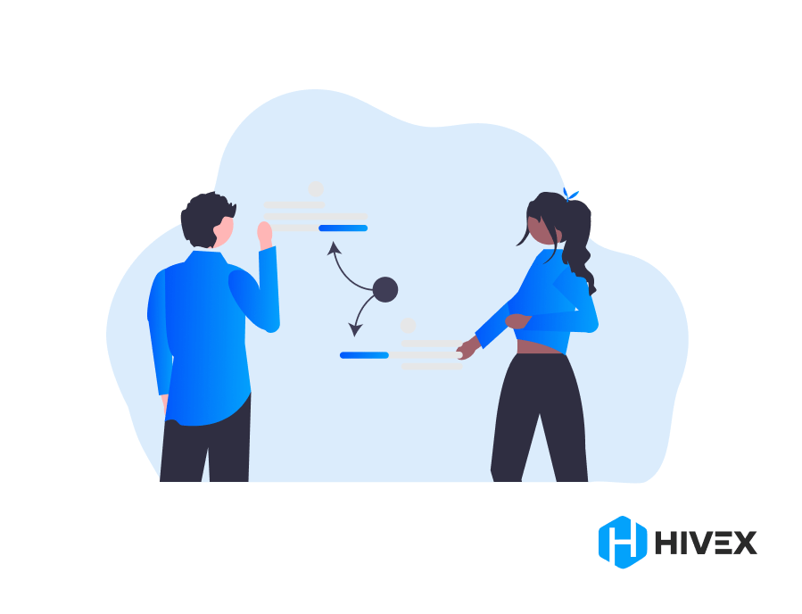 Two professionals engaging with an interactive project management interface, representing project management tools for startups, with dynamic flowcharts and process diagrams, indicating strategy planning and team collaboration, under the HiveX brand for innovative organizational solutions.