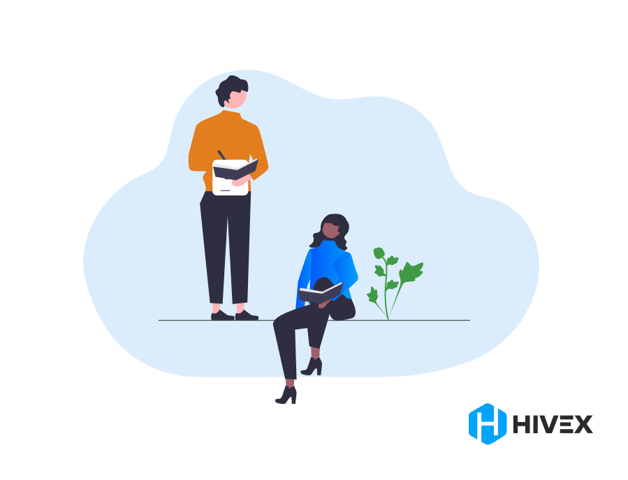 Two software developers in a collaborative workspace, with the male standing and reading from a notebook while the female seated with a laptop, symbolizing teamwork and learning in software developer onboarding, beside a plant illustrating growth, next to the HIVEX logo