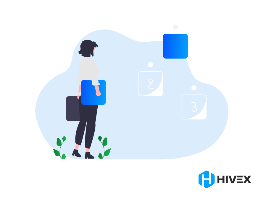 Female software developer looking at floating interactive screens numbered for onboarding steps, with green foliage symbolizing growth, indicative of the learning path in software development, complemented by the HIVEX logo for brand presence
