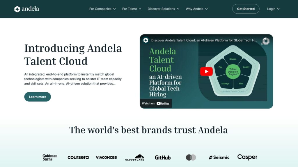 Andela homepage banner presenting the Andela Talent Cloud as a leading AI-driven platform for global tech hiring, showcasing it as a Fiverr alternative for businesses to find top developers, with trusted endorsements from brands like Goldman Sachs, Coursera, GitHub, and others.