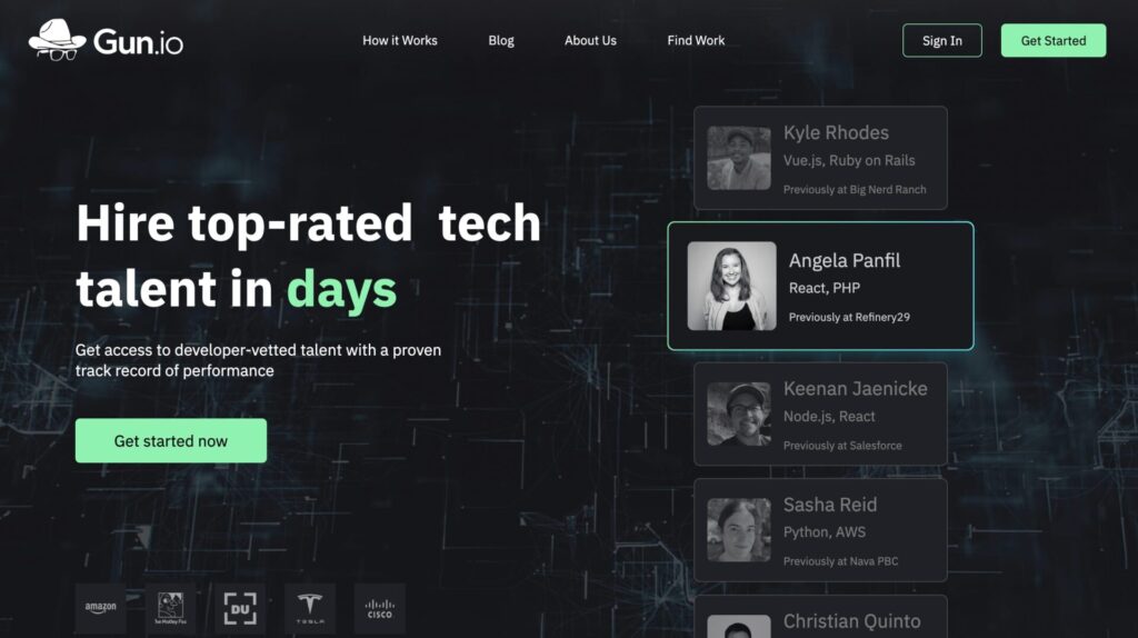 Gun.io homepage promoting fast hiring of top-rated tech talent, with highlighted profiles of developers skilled in Vue.js, Ruby on Rails, React, PHP, Node.js, Python, and AWS, positioned as a reliable alternative to Fiverr for recruiting vetted developers with a strong performance track record.