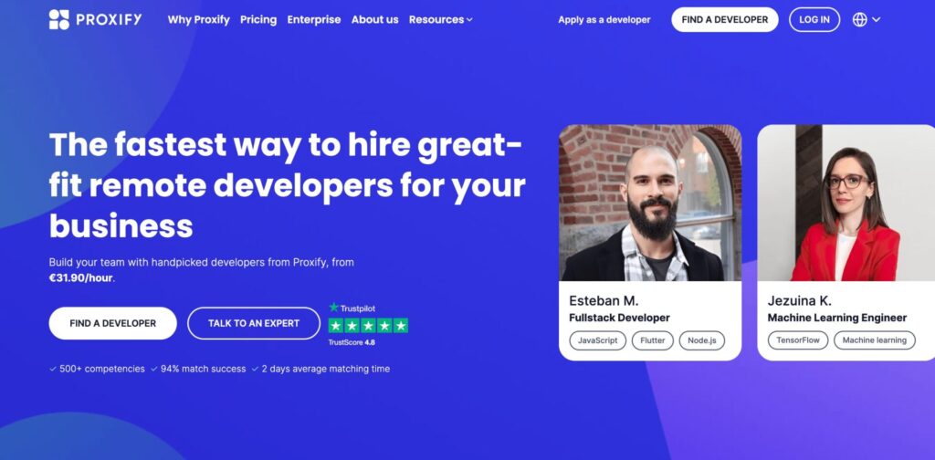 Proxify homepage highlighting efficient hiring of top remote developers, featuring portraits of a Fullstack Developer and a Machine Learning Engineer with skills like JavaScript, Flutter, Node.js, TensorFlow, and machine learning, presenting itself as a competitive Fiverr alternative for tech talent sourcing.