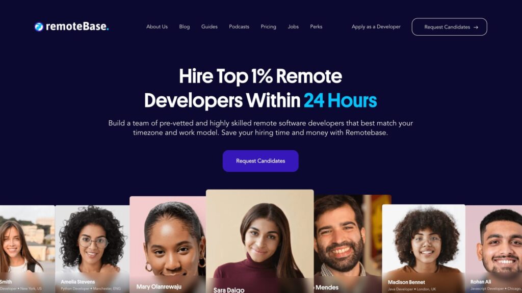 Remotebase homepage banner promoting the quick hiring of the top 1% remote developers within 24 hours, presenting a diverse lineup of pre-vetted professionals as an efficient Fiverr alternative for tech staffing needs in different time zones and work models.