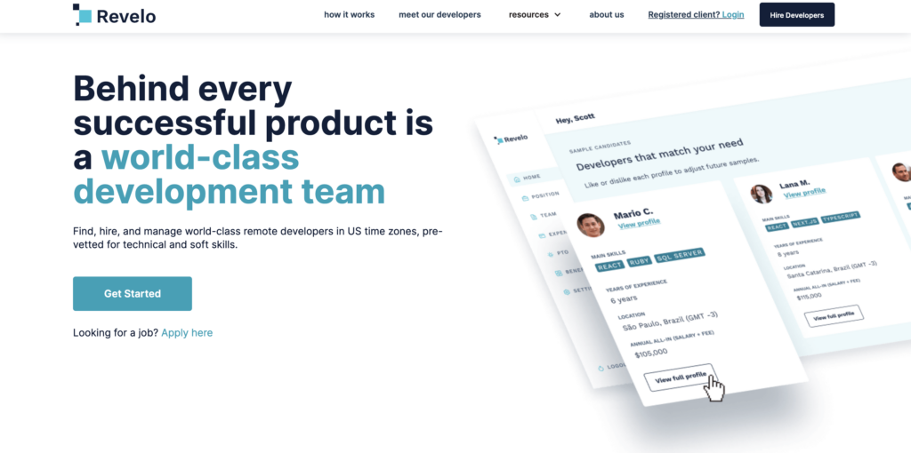 Revelo's website page displays their service as a hub for hiring top remote development talent in U.S. time zones, showcasing sample candidate profiles with skills in React, Ruby, SQL Server, and more, offering a prime alternative to Fiverr for finding pre-vetted tech professionals.