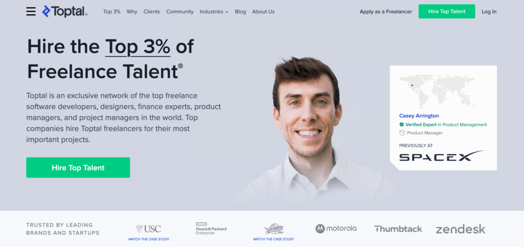 Header section of Toptal's website, emphasizing their exclusive network of the top 3% of freelance talent, with a focus on software developers, designers, and project managers - a premium alternative to Fiverr for hiring skilled developers. Features include a smiling professional, Casey Arrington, labeled as a verified expert in product management with prior experience at SpaceX, alongside logos of trusted brands like USC, Hewlett Packard Enterprise, Motorola, Thumbtack, and Zendesk.