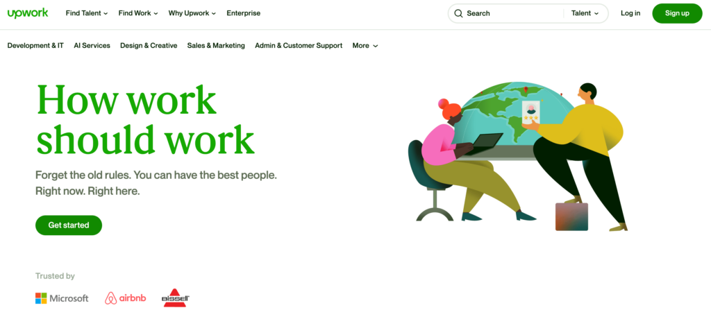 Upwork homepage screenshot showcasing an efficient work model with two animated professionals collaborating over a digital globe, indicating global connectivity, with a prominent green 'Get started' button for hiring top talent - an effective Fiverr alternative for sourcing skilled developers in various categories like Development & IT, trusted by major brands such as Microsoft and Airbnb.
