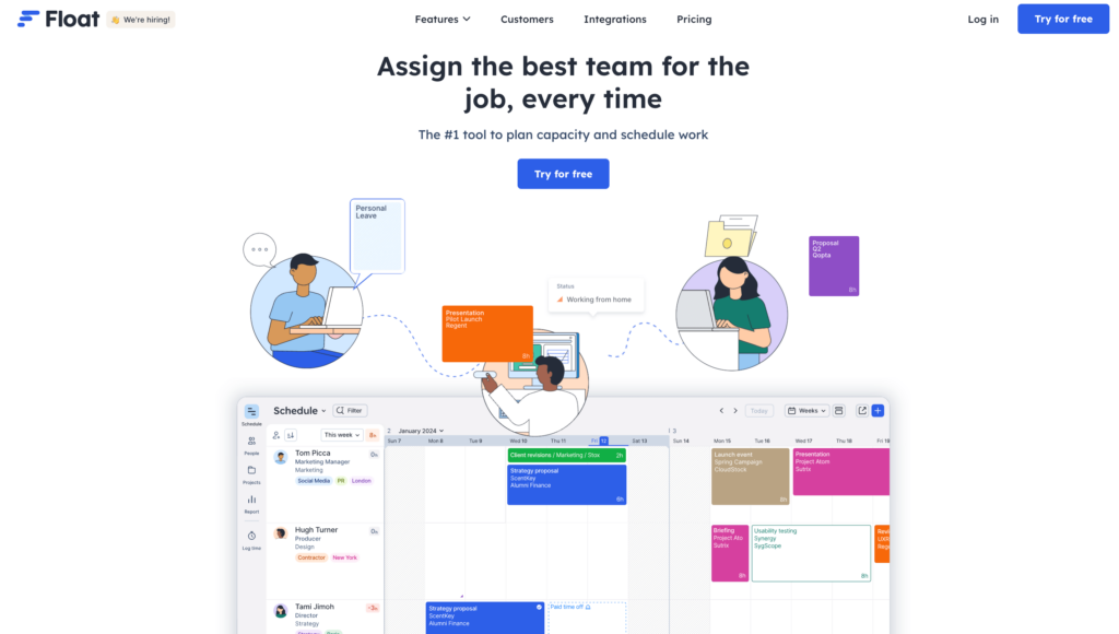 Homepage of Float, illustrating its scheduling interface as an effective project management tool for startups, with features for assigning tasks, tracking personal leave and work hours, and team capacity planning to ensure optimal team allocation for various projects.