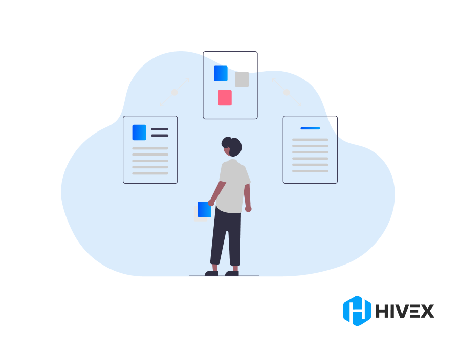 Graphic illustration depicting an individual assessing documents within a cloud, symbolizing cloud-based project management tools for startups, with the HiveX logo indicating a focus on digital organization, workflow optimization, and remote team collaboration solutions.