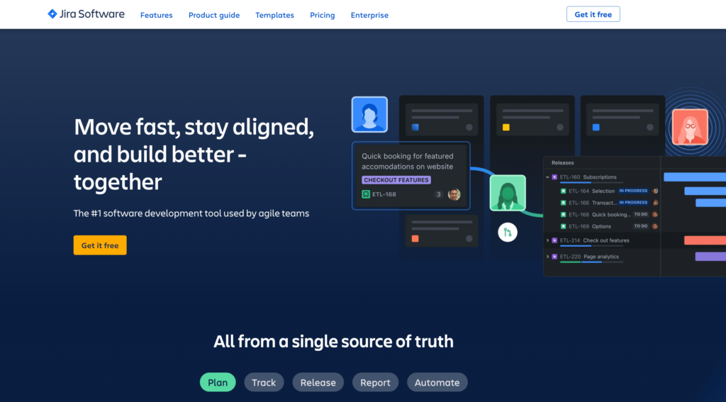 Webpage of Jira Software highlighting its agile project management tools for startups with a tagline 'Move fast, stay aligned, and build better - together,' showcasing a user interface with task tracking, project workflows, and release planning features essential for collaborative software development.