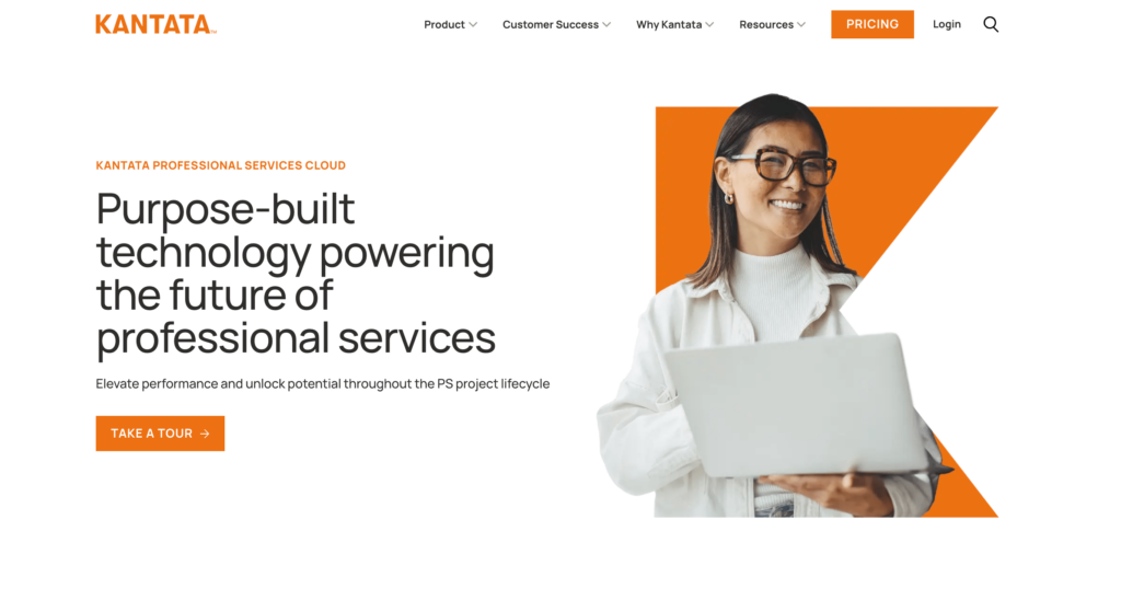 Homepage of Kantata Professional Services Cloud, displaying a confident professional woman with glasses holding a laptop, symbolizing the advanced project management tools for startups that Kantata provides for the future of professional services.