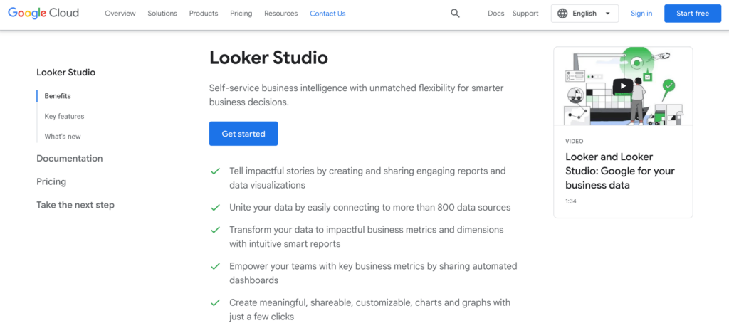 Webpage of Looker Studio from Google Cloud, highlighting its position as a top project management tool for startups, with features like AI insights, data source integration, and customizable dashboards for business intelligence.