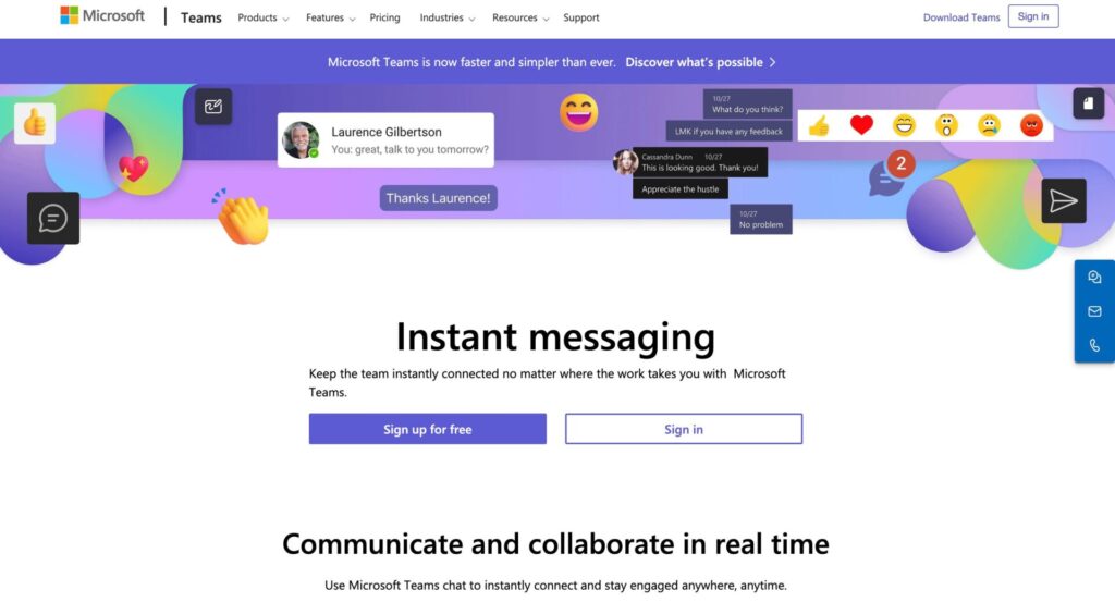 Homepage screenshot of Microsoft Teams, emphasizing its role as one of the top project management tools for startups, with features like instant messaging. The interface shows active conversations and reactions, highlighting real-time collaboration and communication capabilities that keep a team connected, no matter where the work takes them, underlining its utility for startups looking to manage projects efficiently.