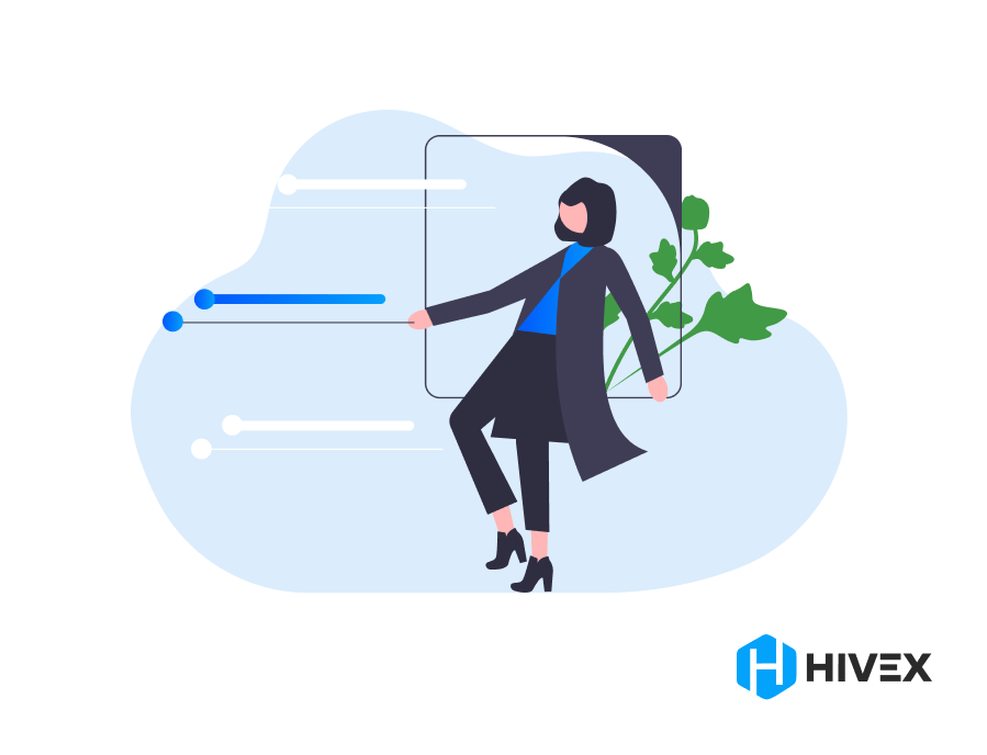 Businesswoman in a modern cape-style blazer interacting with an interactive and dynamic interface panel, with a touch of nature via green leaves in the background, next to the HIVEX logo, symbolizing eco-friendly technology and innovation