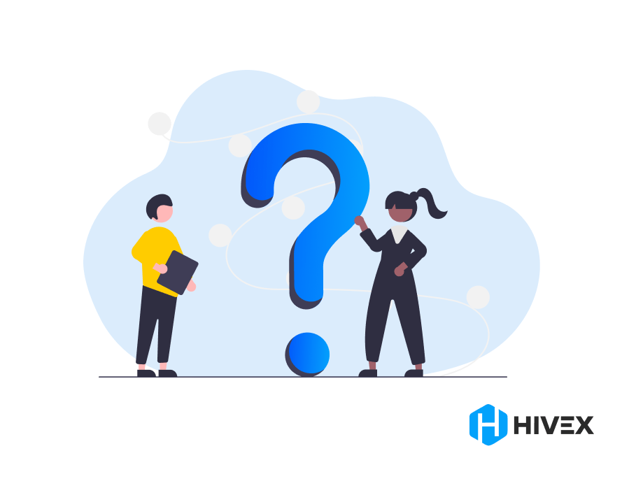 Conceptual illustration of a male and a female professional contemplating a large question mark, representing the decision-making process when choosing the best project management tools for startups, with a focus on addressing common challenges and solutions in project planning and team coordination, branded with the HiveX logo.