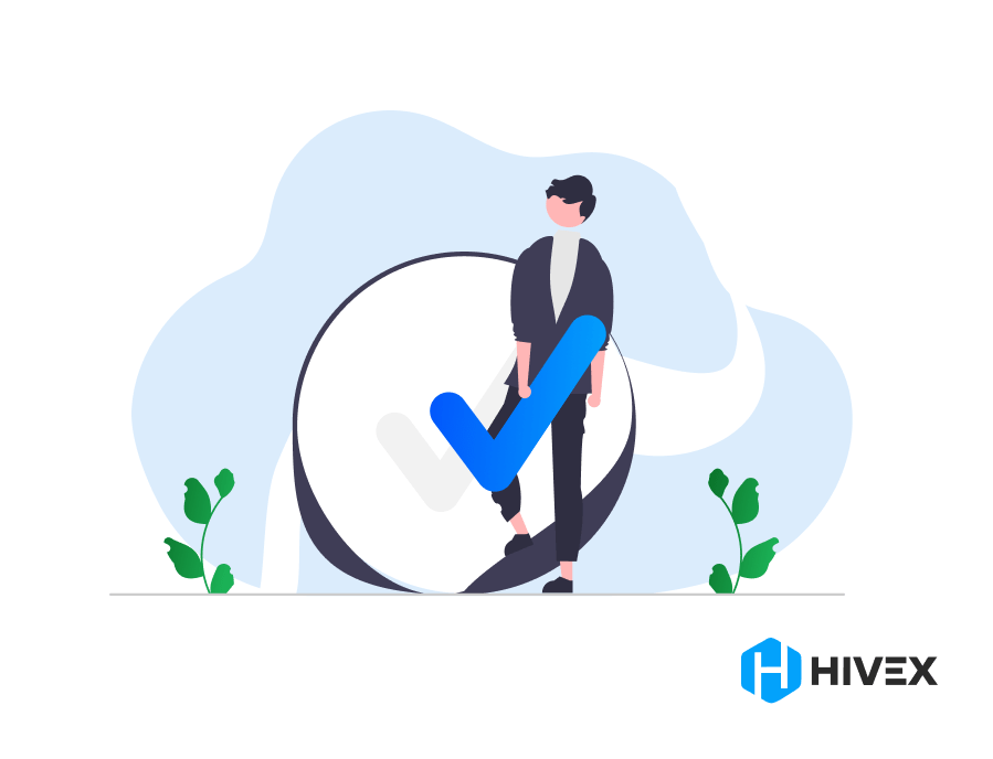 Confident software developer leaning on a large magnifying glass, representing close examination and problem-solving skills, with green plants indicating growth, aligned with the theme of software developer onboarding, featuring the HIVEX logo for corporate identity