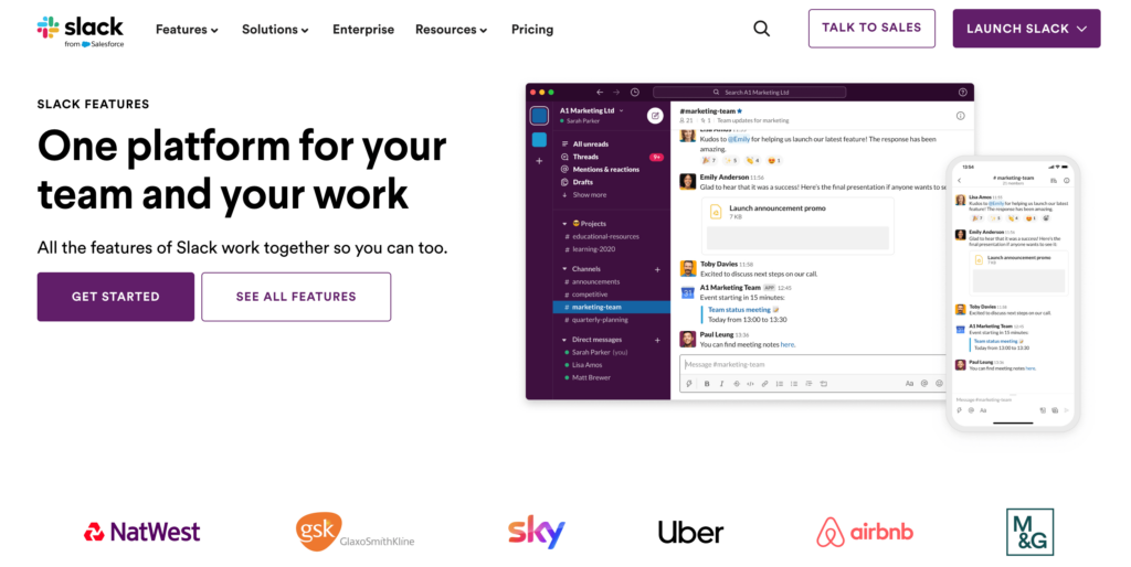 Homepage screenshot highlighting Slack as a comprehensive project management tool for startups, featuring a user interface with a conversation thread, project channels, and direct messaging. Prominent companies such as NatWest, GSK, Sky, Uber, Airbnb, and M&G are displayed as clients, endorsing Slack's platform for team and work collaboration.