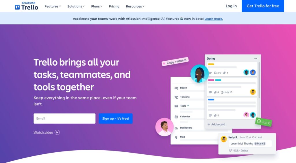Homepage of Trello, one of the best project management tools for startups, featuring task organization and team collaboration with Atlassian Intelligence AI features in beta, as highlighted in a web browser interface with options for boards, timelines, tables, calendars, dashboards, and maps, demonstrating efficient project tracking and teamwork enhancement.