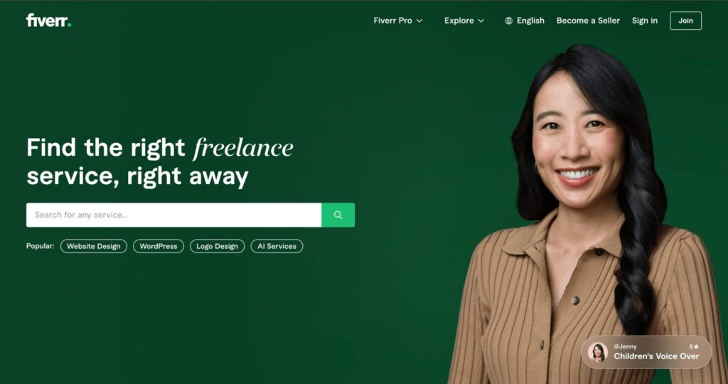 Fiverr homepage with a search bar prompt 'Find the right freelance service, right away', showcasing popular services as Upwork alternatives for quick and easy freelancer hiring, featuring a smiling freelancer profile highlighting top-rated voice-over services.