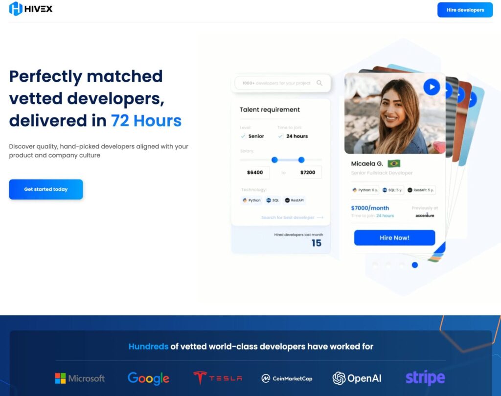Banner for Hivex showcasing rapid matchmaking of startups with vetted developers in 72 hours, a search interface for selecting talent based on requirements, and a featured senior developer profile, exemplifying Upwork alternatives for efficient tech recruitment.