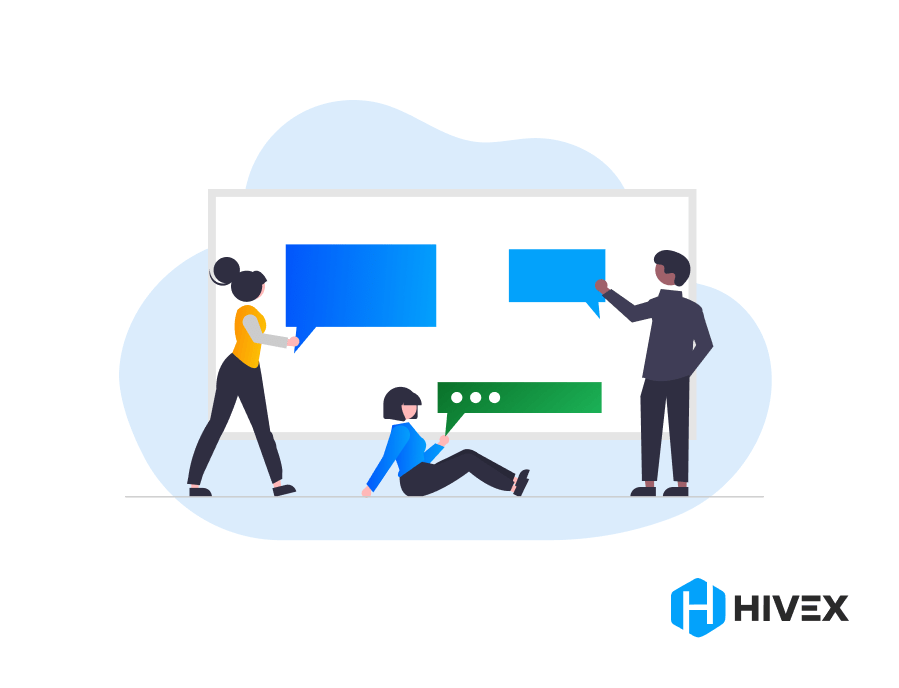 Three QA engineers collaborate using sticky notes on a whiteboard to solve complex problems, representing the teamwork and analytical skills necessary in quality assurance engineering. The dynamic poses and HiveX logo convey an engaging work environment focused on hiring effective QA teams.