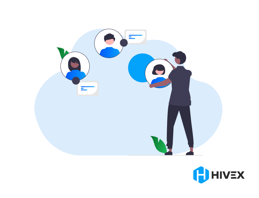 A team leader analyzing profiles and communication bubbles, symbolizing the recruitment of QA engineers, with a focus on interpersonal skills and team interaction. The image conveys the importance of selecting communicative quality assurance engineers, essential for team cohesion, illustrated by the HiveX logo.