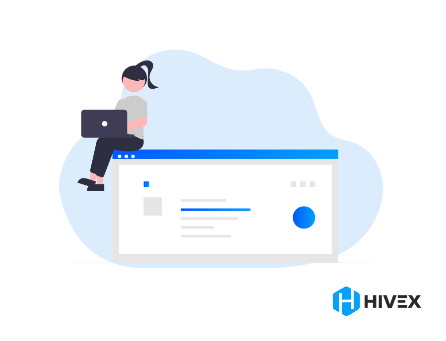 AI Engineer Job Description: A woman AI engineer sitting on a giant browser window, symbolizing career progression in AI, with the HIVEX logo below.