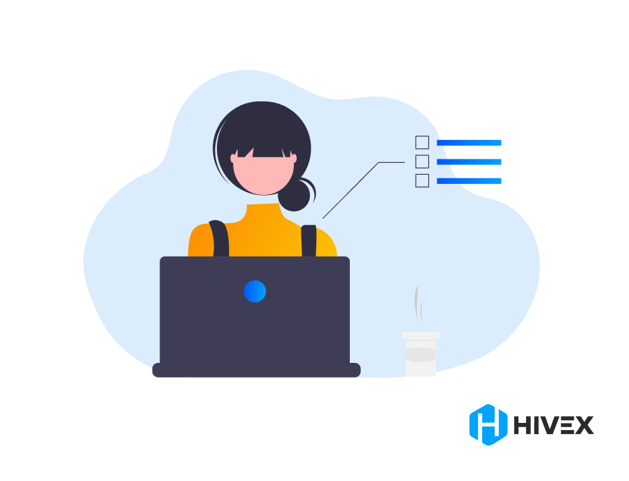 AI Engineer Job Description: A focused female AI engineer working on her laptop with task lists, indicating the educational qualifications required in AI engineering, accompanied by the HIVEX logo.