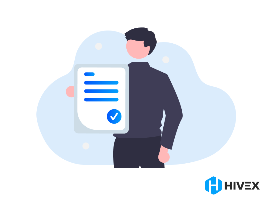 A professional holding a checklist document symbolizing the critical hiring criteria for a quality assurance engineer, with a prominent checkmark indicating successful assessment. The abstract design with the HiveX logo underscores the corporate setting of QA engineer recruitment.