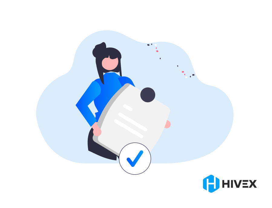 A female AI engineer holding a giant checklist with a checkmark, symbolizing the successful meeting of an AI Engineer Job Description, with the HIVEX logo visible.