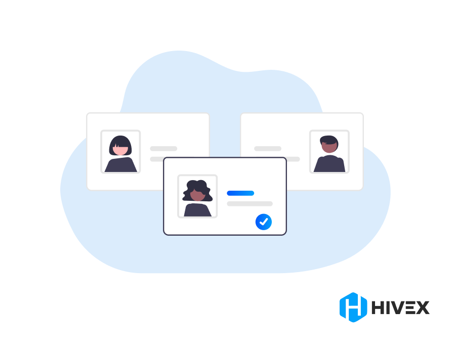 Three candidate profile cards are displayed, one highlighted with a blue checkmark, illustrating the selection process for quality assurance engineers. The image symbolizes the careful review of QA engineer applicants, essential in the tech industry. The HiveX logo adds a professional branding element.