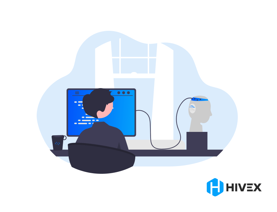 AI Engineer Job Description: Illustration of an AI engineer working at a computer with code on the screen and a robot head with brain circuitry, denoting AI development, with the HIVEX logo below.