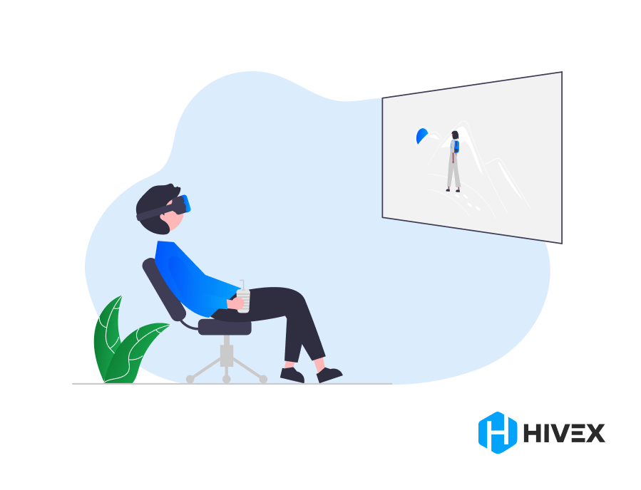 Professional in virtual reality headset exploring a 3D simulation of a developer at work, demonstrating the advanced capabilities you get when you hire VR developers for innovative business solutions.