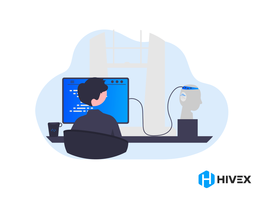 Person working on a computer with code on the screen and a robotic head beside it, representing the integration of AI in Recruitment, with the HiveX logo