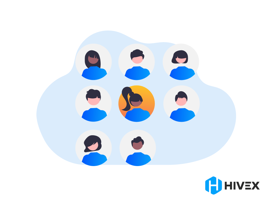 Abstract illustration of diverse candidate avatars in a cloud network, symbolizing AI in Recruitment's role in candidate selection, accompanied by the HiveX logo.