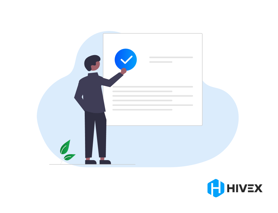 Businessman marking a check on a digital document, symbolizing the efficient candidate verification process through AI in Recruitment, with the HiveX logo present.