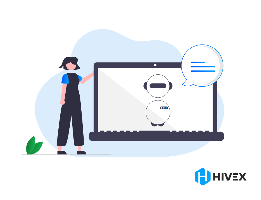Illustration of a woman interacting with an AI recruitment chatbot on a laptop screen, highlighting modern AI in Recruitment strategies, with the HiveX logo.