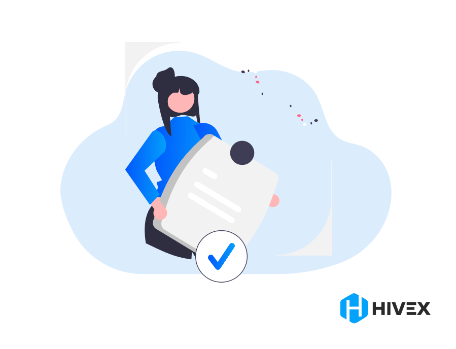 Cartoon of a recruiter holding a large checklist with a checkmark, symbolizing best practices in AI in Recruitment, with HiveX logo for branding.