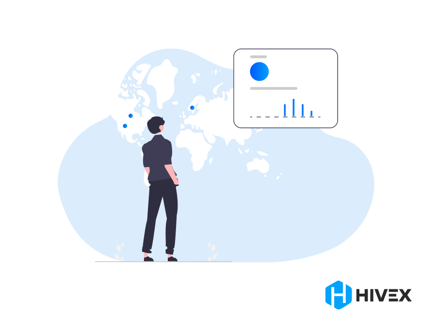 A figure standing before a world map with location markers and a floating analytics dashboard, symbolizing global talent acquisition strategies for an early-stage startup