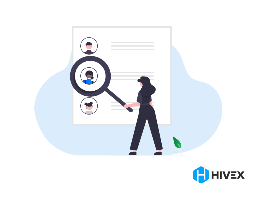 A recruiter using a magnifying glass to examine candidate profiles on a resume, illustrating the precision of AI in Recruitment, with the HiveX logo.