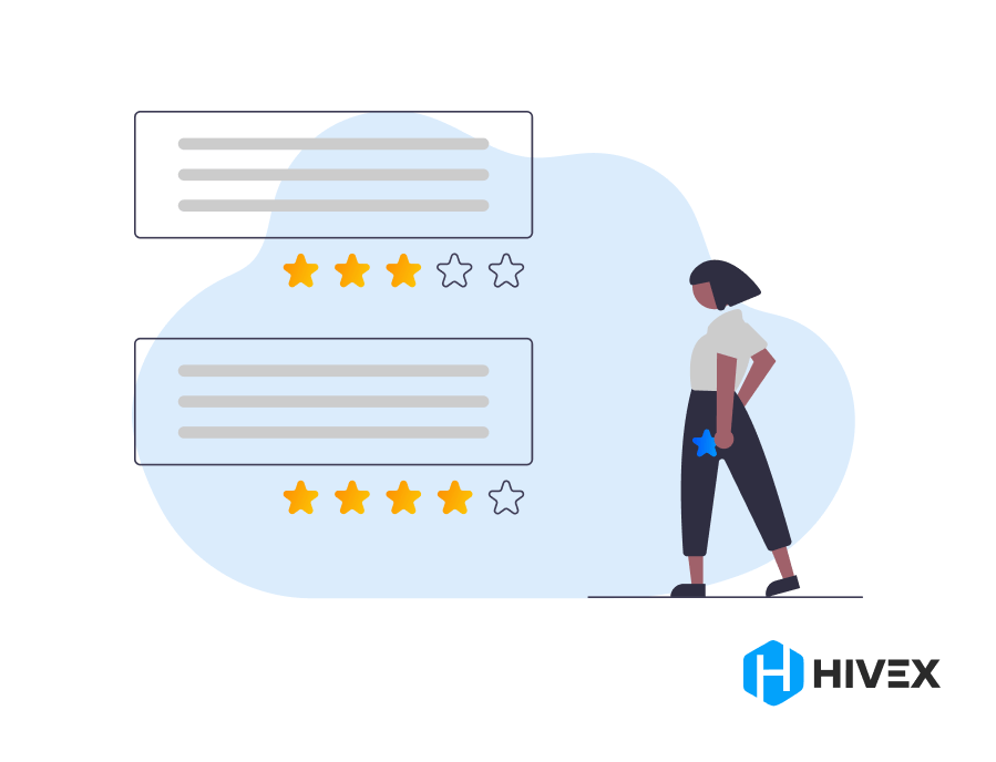 A confident woman evaluating user feedback represented by rating stars on digital comment cards, emphasizing the importance of customer reviews in MVP in software development.