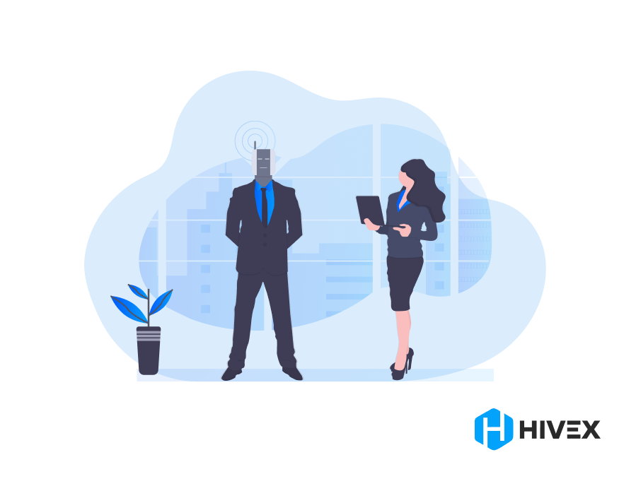 Professional woman with a tablet facing a businessman with an idea lightbulb for a head, representing the balance of AI in Recruitment and human intuition, with HiveX logo and cityscape background.