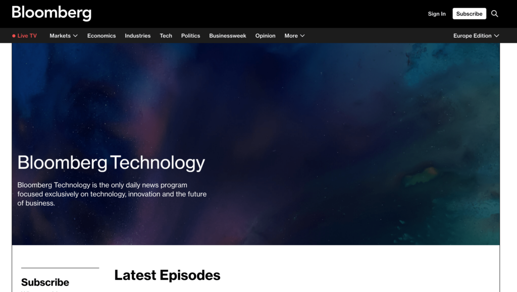 Bloomberg Technology homepage with a cosmic-style background, featuring the text 'Bloomberg Technology' for a section about the latest tech podcast episodes.