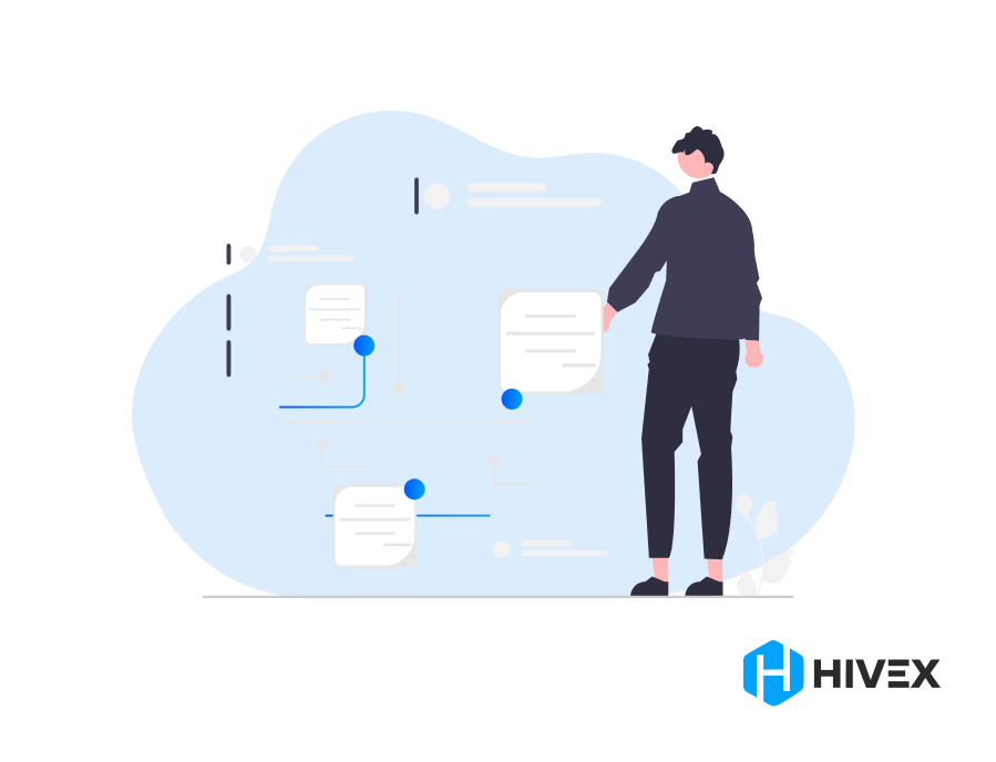Illustration of a person examining interconnected documents and data flows, representing fintech software development, with Hivex logo in the bottom right corner.