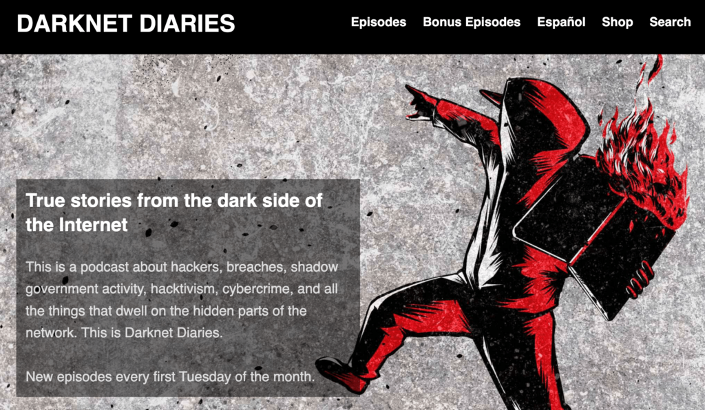 Stylized image featuring an animated figure in red and black, symbolizing the mysterious themes of 'Darknet Diaries', a tech podcast about the hidden stories of the internet and cybersecurity.