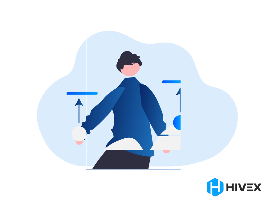 Illustration of a person interacting with graphical data, representing fintech software development, with Hivex logo in the bottom right corner.
