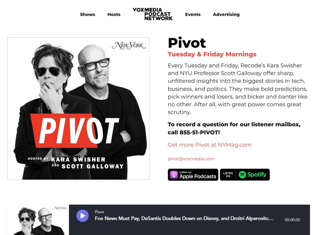 Promotional image for the 'Pivot' tech podcast with hosts Kara Swisher and Scott Galloway, featuring contact information and subscription links on the Vox Media Podcast Network.